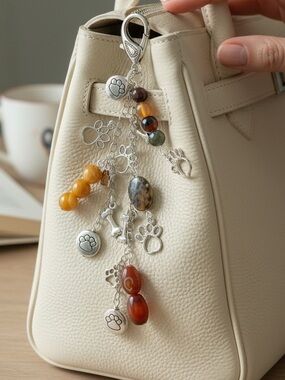 HAND CRAFTED DOG LOVER PAW PRINT CHARM KEYCHAIN Silver Chains & Earthtone Beads